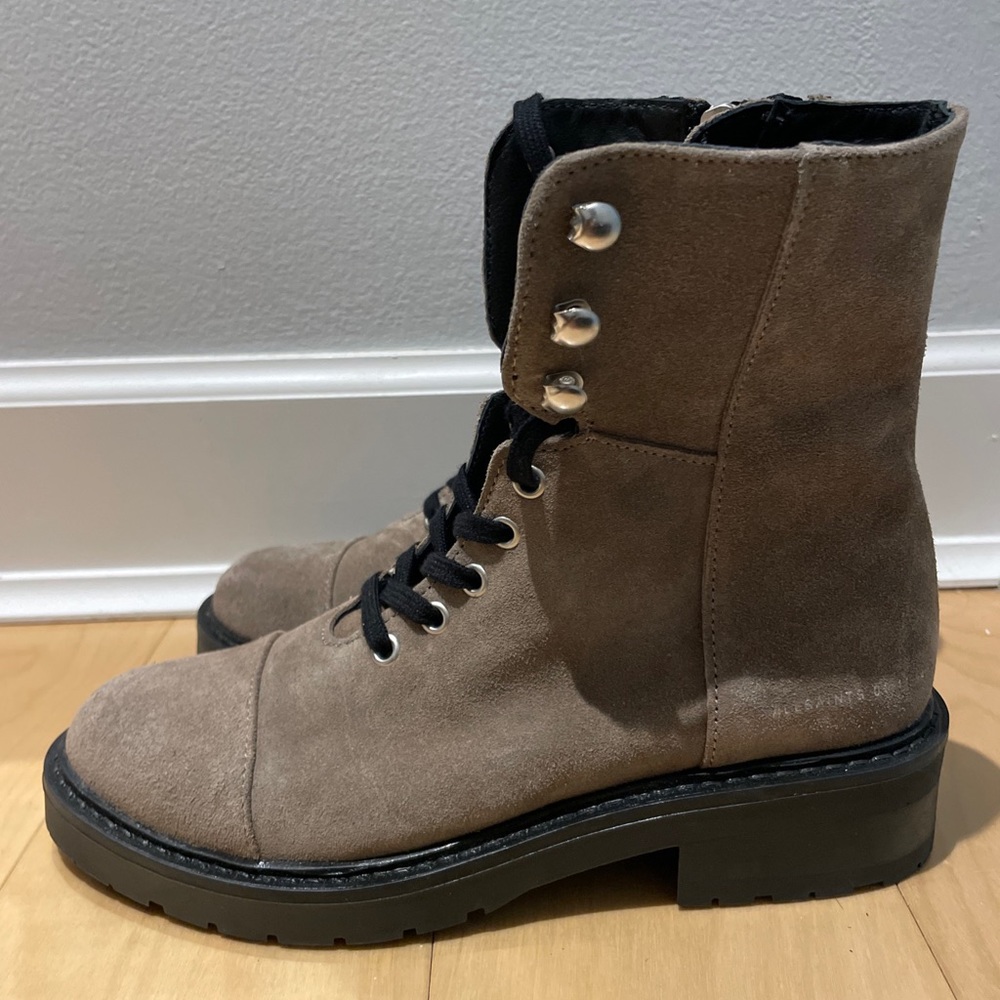 AllSaints Dusty Suede Lace Up Combat Boots in Beige Size US 7